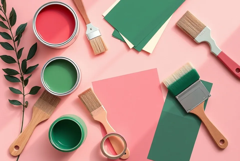 Pots de peinture, nuancier, brosses et rouleaux disposés à plat