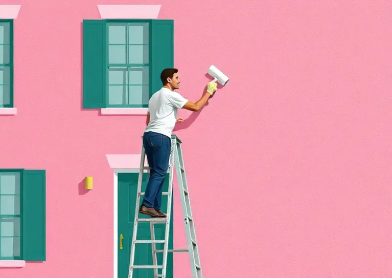 Peintre sur échafaudage traitant la façade d'une maison